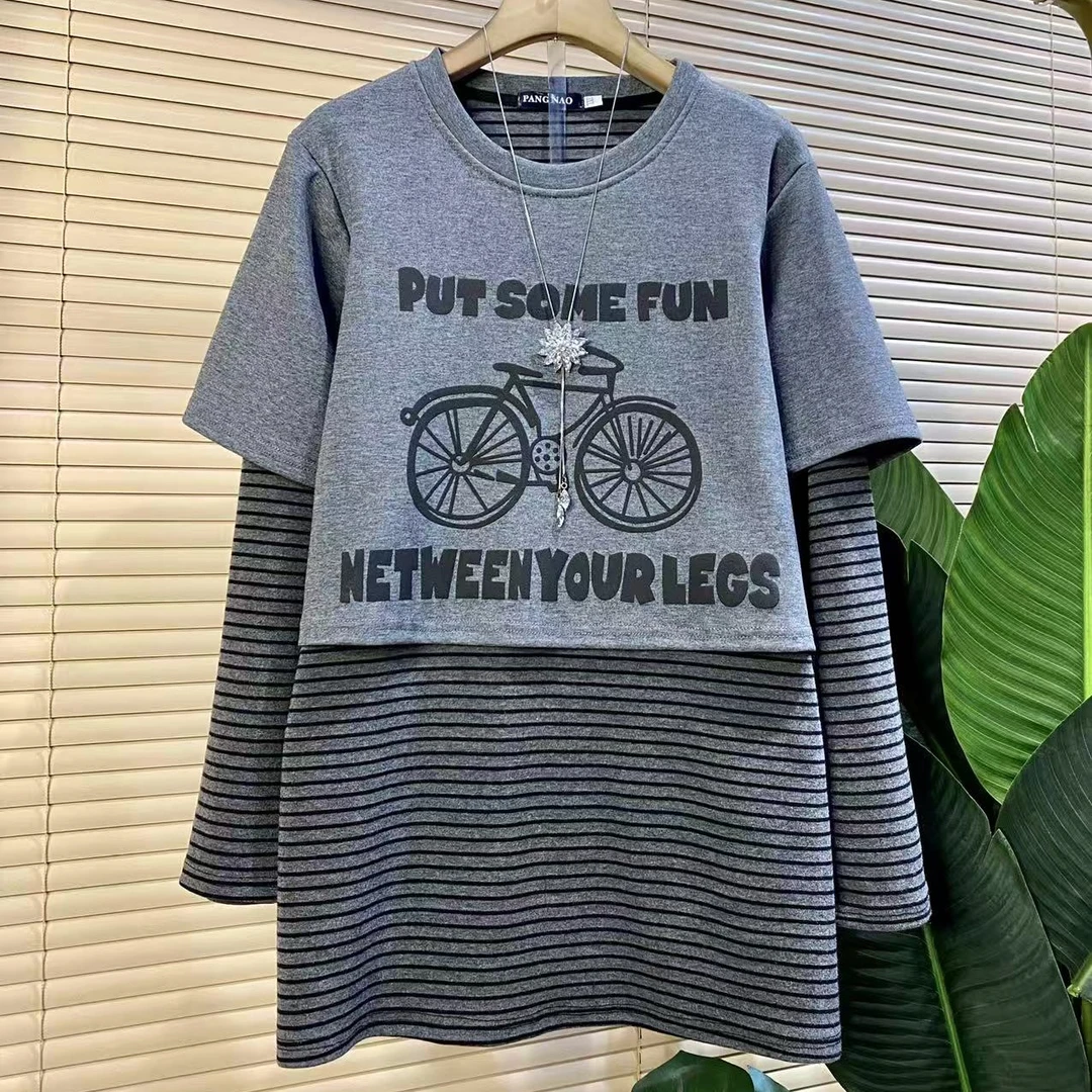 P胖mm欧货时尚新款洋气减龄条纹拼接百搭显瘦女人衫