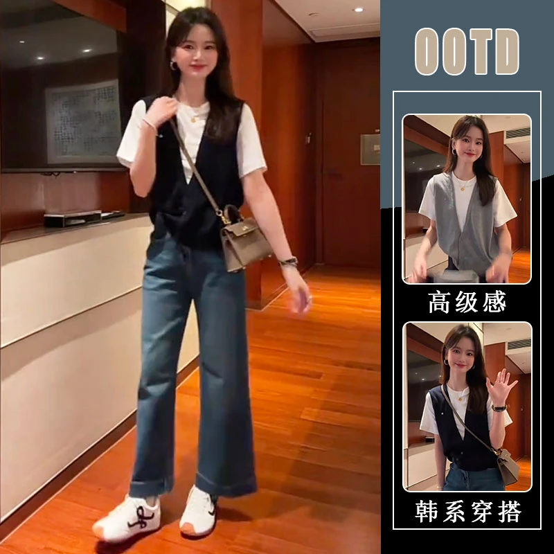 2025洋气早秋新款小香风假两件短袖上衣修身显瘦直筒牛仔裤两件套