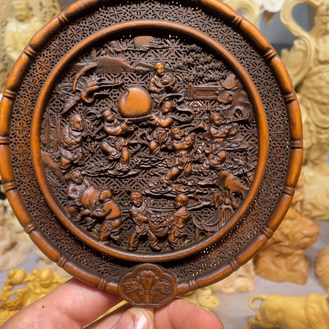 黄杨木做旧百子图扇子
