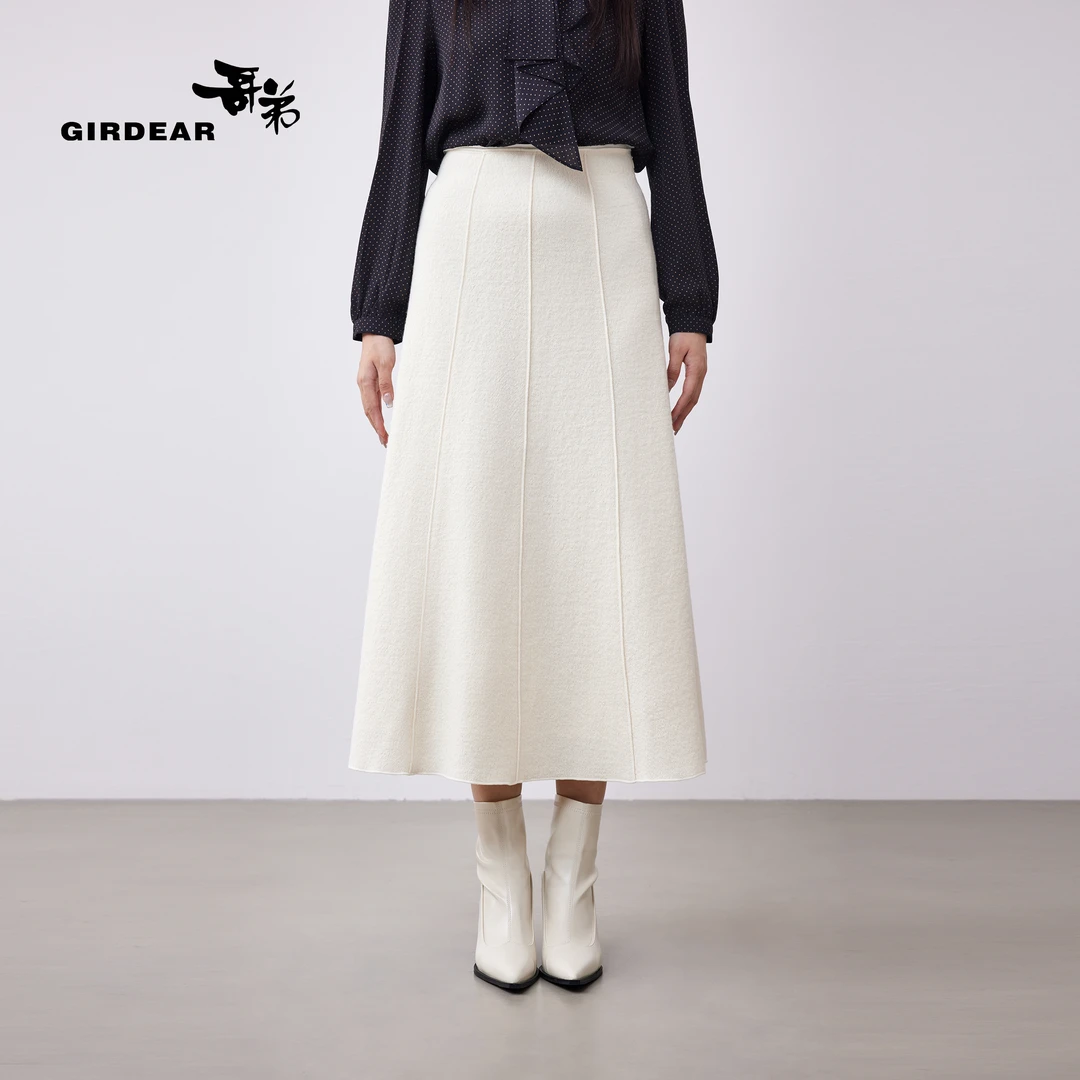 GIRDEAR/哥弟气质高级精致立体剪裁中长款毛呢半身裙1200379-4239