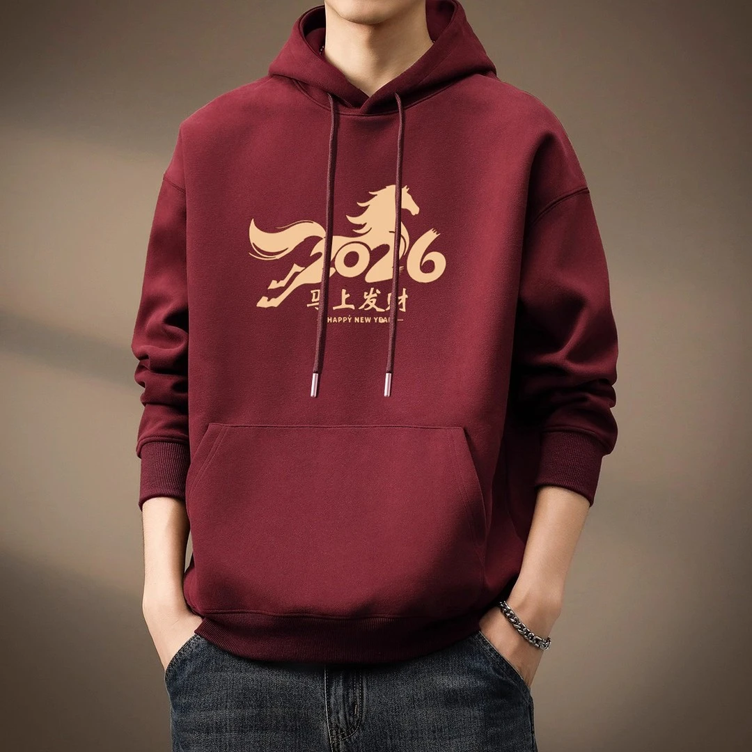 仓石一树潮牌酒红色印花连帽卫衣男士2026秋冬新款马年本命年上衣