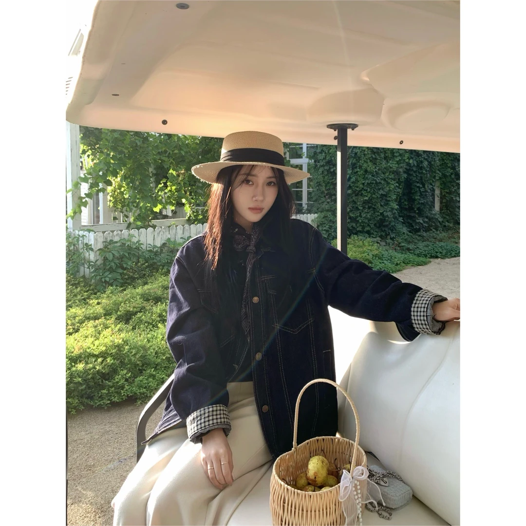 Shirley【私服原色牛仔】秋季新款格纹拼接牛仔外套 休闲百搭上衣女