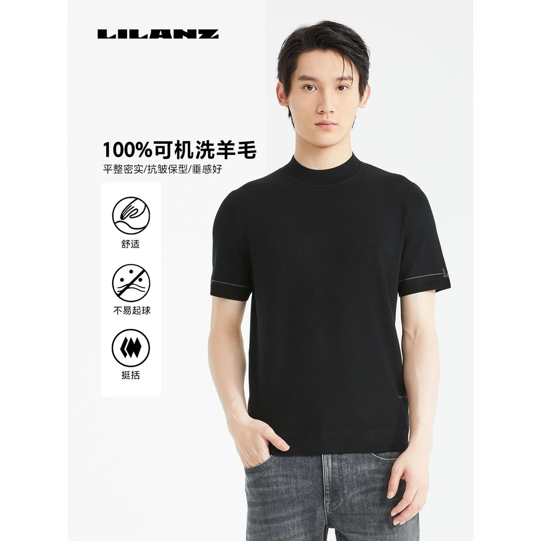 羊毛衫（短袖）-黑色男士针织舒适半袖半高领休闲百搭纯色秋冬