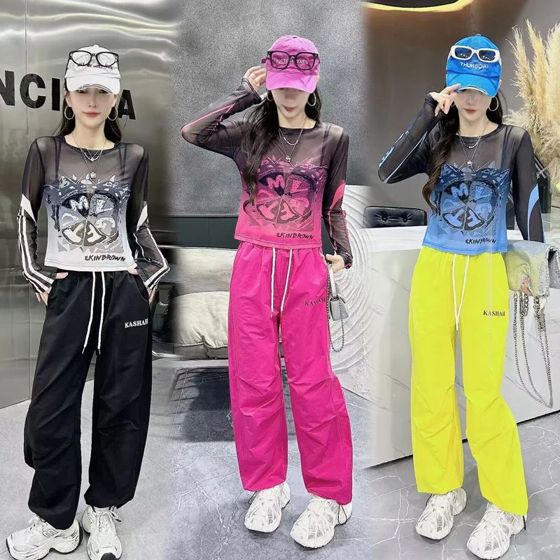 甜酷数码印花网纱防晒长袖T恤夏季显瘦辣妹短款上衣+长裤两件套