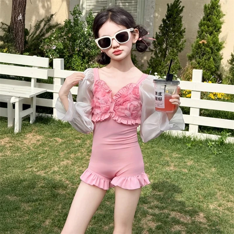 女童泳衣夏季2025新款儿童长袖防晒泳装大童女孩连体公主风游泳衣