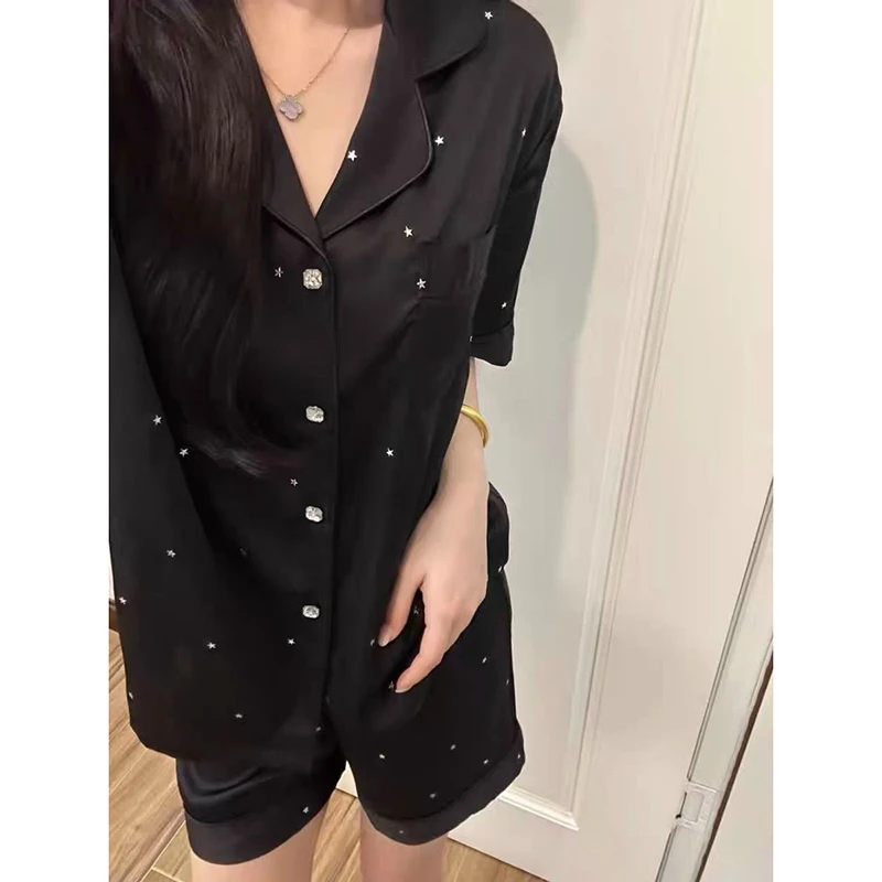 黑色高级感星星印花冰丝睡衣女2025春夏季新款短袖短裤家居服套装