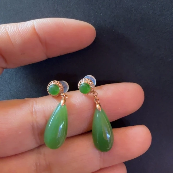 和田玉（碧玉）18K金镶嵌耳饰