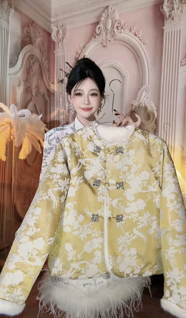 【崔】W0235国潮冬季棉衣盘扣长款加厚加绒女装直襟中国风棉服