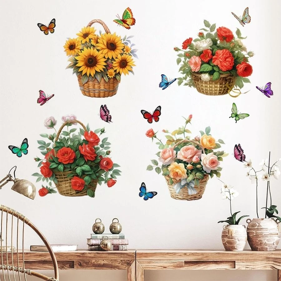 新款向日葵蝴蝶玫瑰花篮自粘墙贴画客厅卧室防水可移装饰画KSG-17