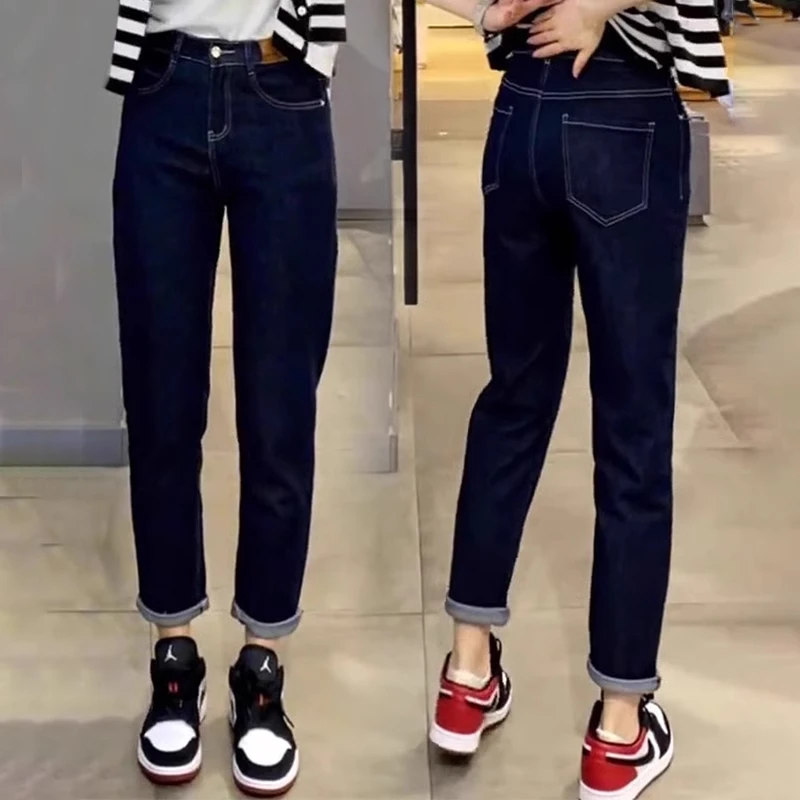深蓝色直筒老爹哈伦牛仔裤女春秋季2025新款爆休闲萝卜裤小脚裤子