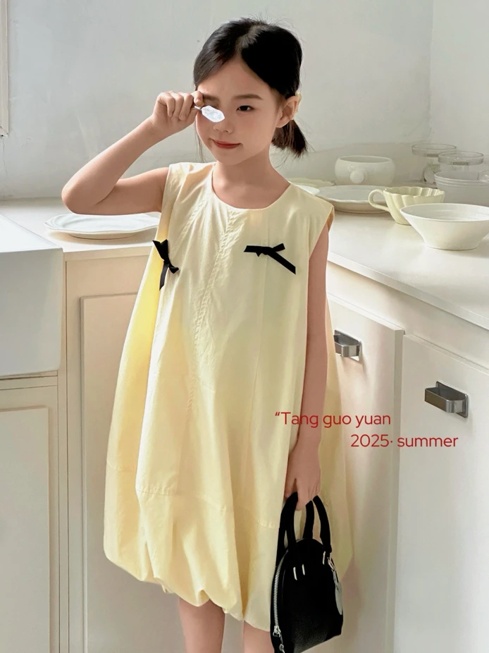 2025夏季新款女童中大童韩版蝴蝶结发圈棉布连衣裙-2221