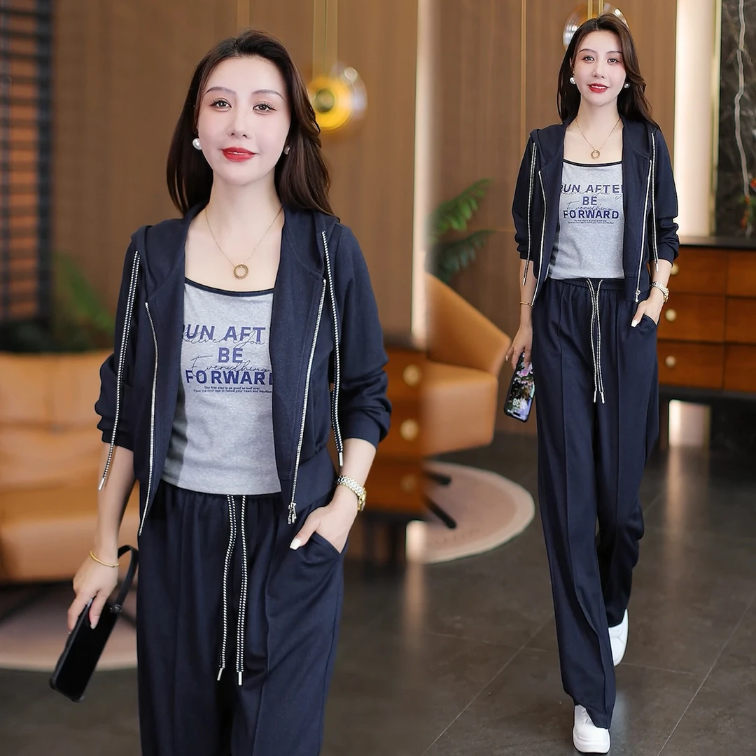 时尚休闲套装女2025秋季新款洋气减龄连帽开衫背心阔腿裤三件套潮