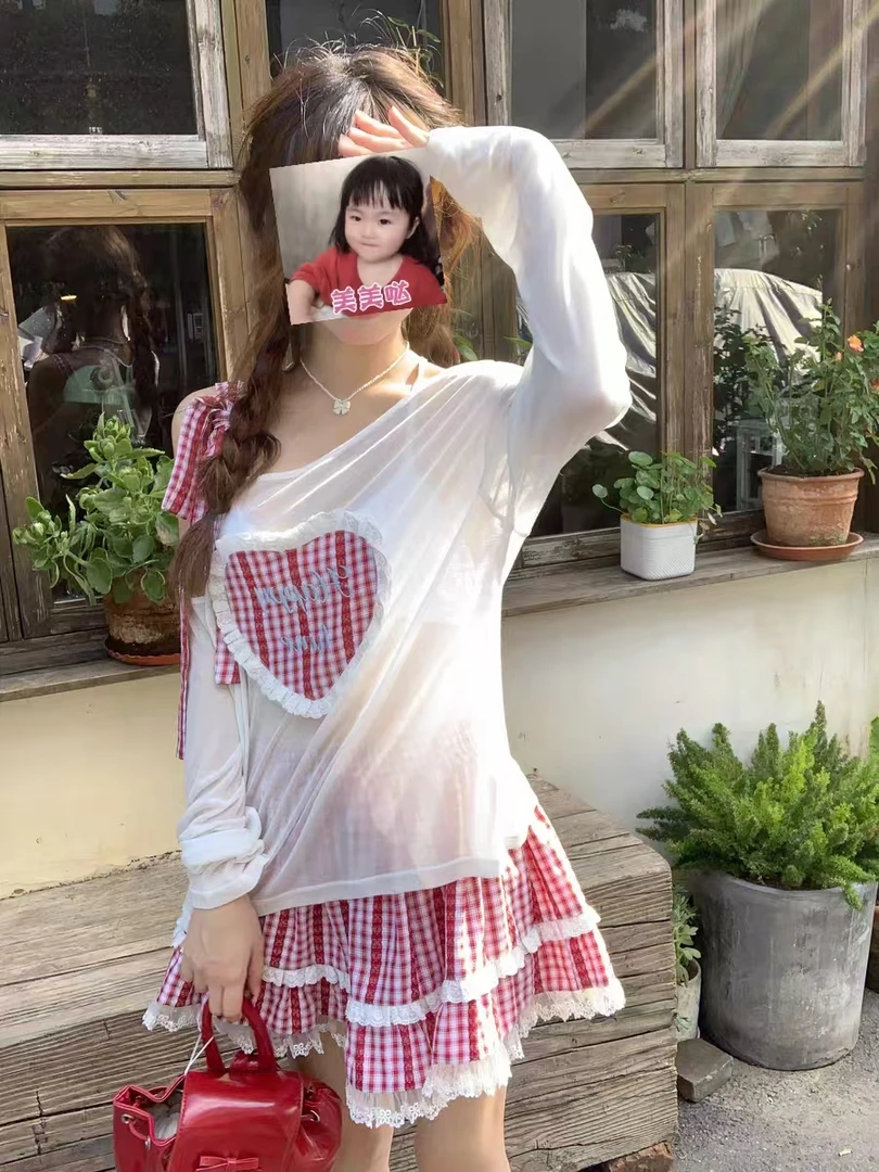 25113大码女装夏季新款防晒格子两件套