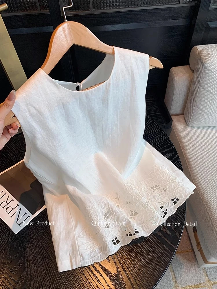 白色高级感镂空刺绣亚麻背心女夏季气质简约显瘦百搭无袖衬衫上衣