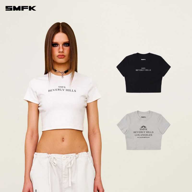 SMFK比弗利电影字幕短身Tee DT009B3 夏季短款运动修身印花上衣