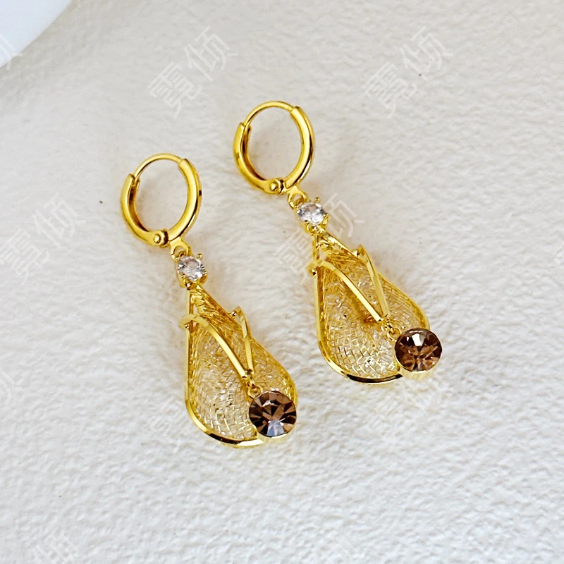 铜合金合成锆石耳饰 [玲珑水滴]金色原创设计耳环