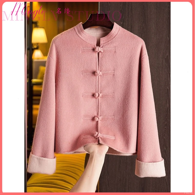 简约新中式温柔系粉色双面轻奢大衣冬季女士休闲高品质毛呢外套