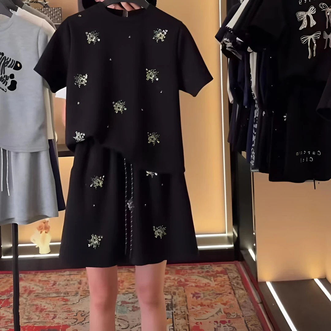 <满天星系列>丨<水钻珠花>宽松版夏季T恤短裙休闲套装