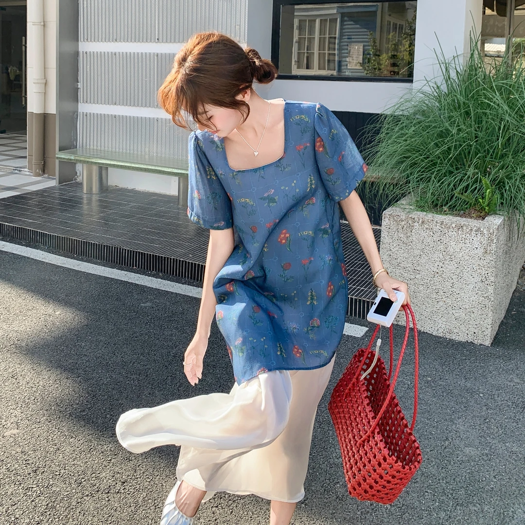 碎花拼接假两件连衣裙女2025时尚新款蓝色气质收腰国风法式长裙子