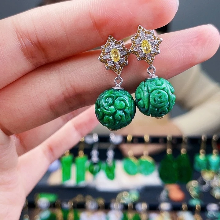 翡翠耳饰银S925镶嵌饰品