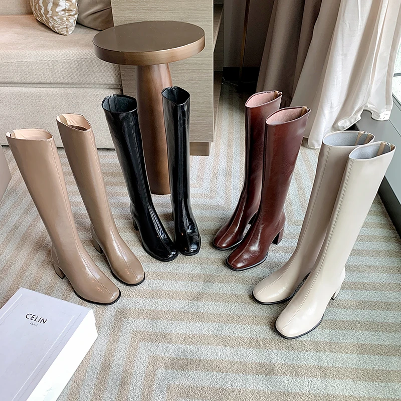 跟高7CM~粗腿大筒围秋冬新款方头时尚粗跟简约日常后拉链通勤百搭