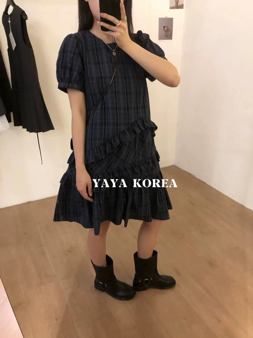 圆领套头气质设计师格子夏季条纹牛仔百搭不褪色女装连衣裙