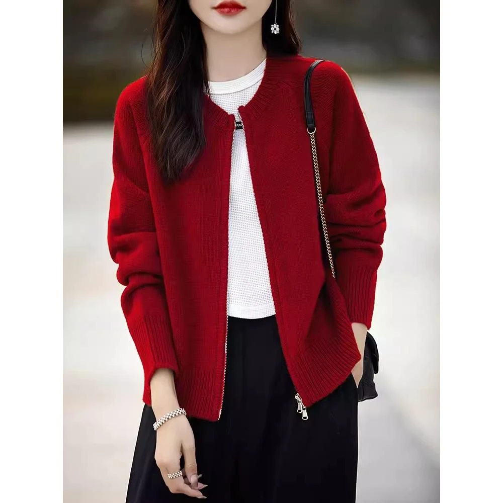 慵懒风早秋毛衣外套女秋冬洋气简约红色外搭上衣拉链绒毛针织开衫