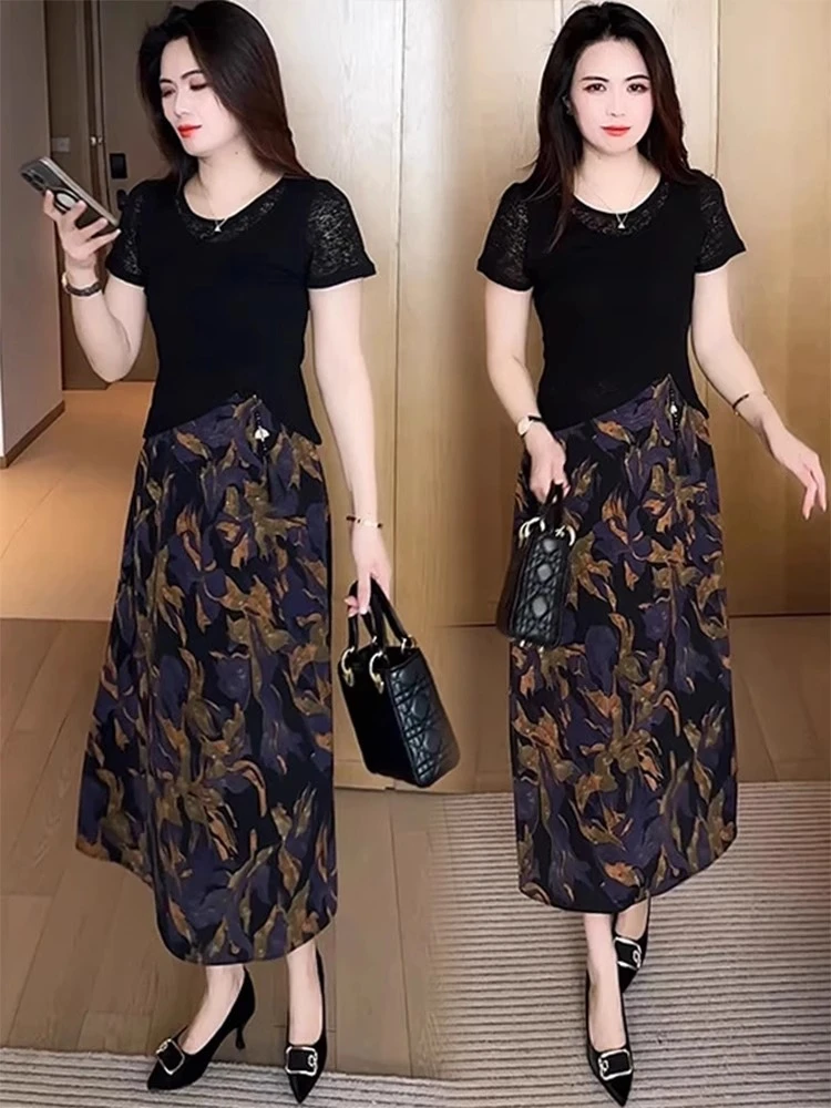 假两件雪纺连衣裙女2025夏季新款洋气显瘦碎花拼接短袖中长款裙子