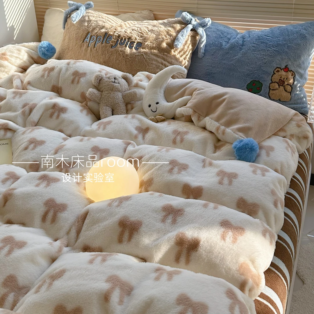 南木床品｜ins韩系蝴蝶结加厚兔毛绒四件套1.8床笠牛奶法莱绒保暖