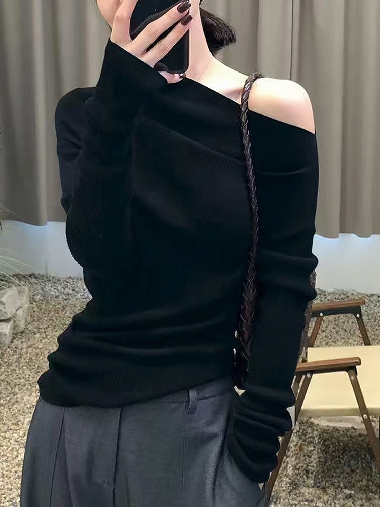 女士黑色毛衣秋冬季慵懒高级感修身显瘦露肩一字领打底针织衫上衣