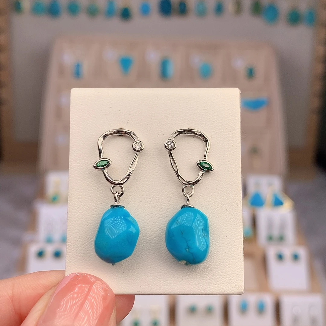绿松石银S925镶嵌耳饰