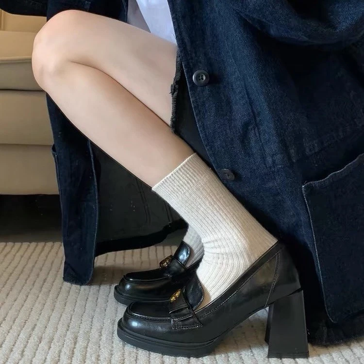 2025新款春秋学院风方头高跟乐福鞋女jk鞋子英伦粗跟一脚蹬小皮鞋