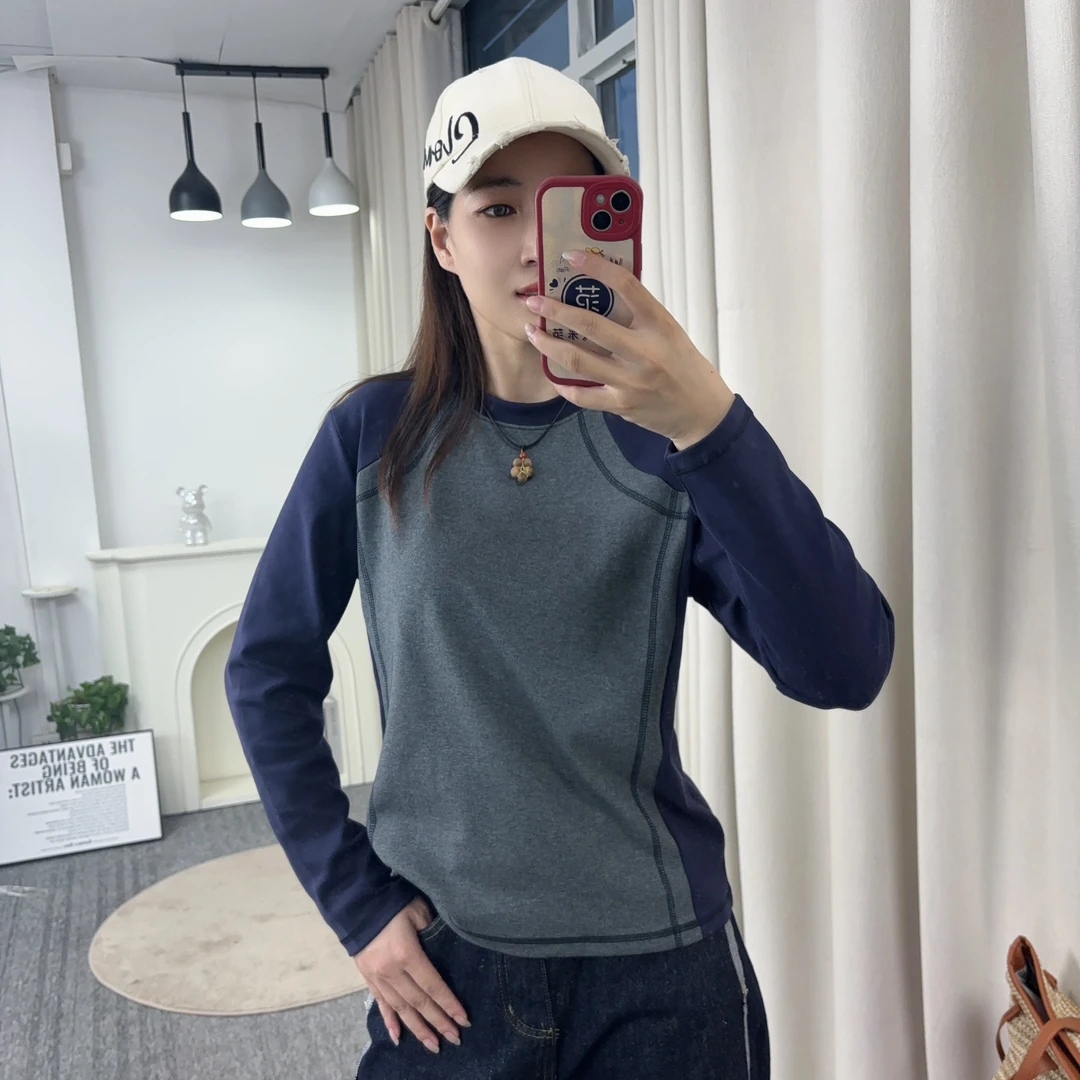 U.Ni【双色拼接】春秋正肩圆领宽松棉长袖打底T恤