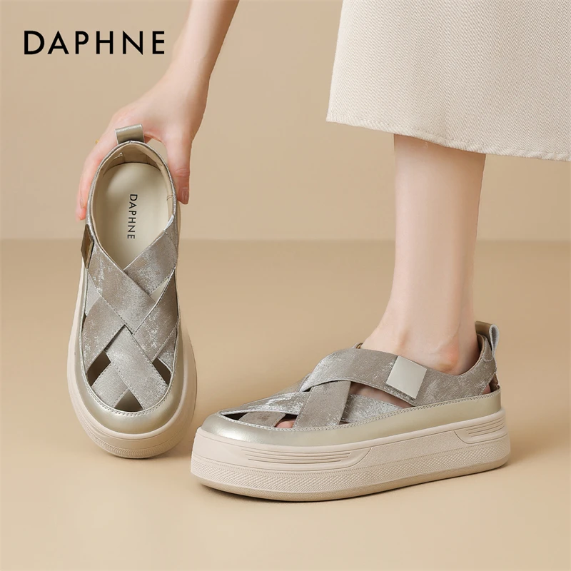 达芙妮包头罗马凉鞋女2024夏季新款编织镂空猪笼鞋休闲厚底松糕鞋