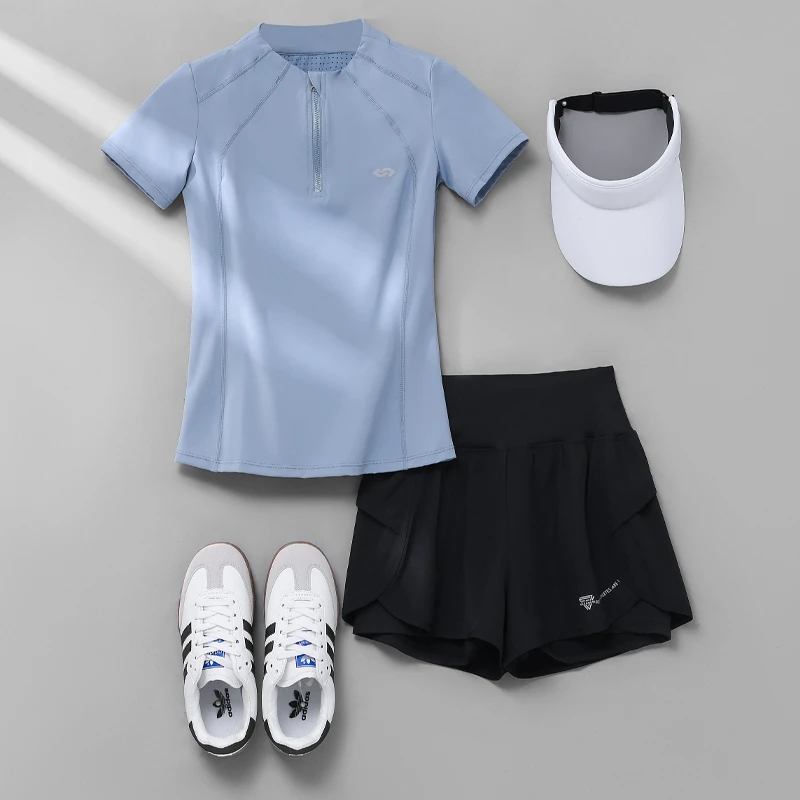 专业晨跑服夏季网红健身服女套装半拉链透气户外徒步登山速干衣