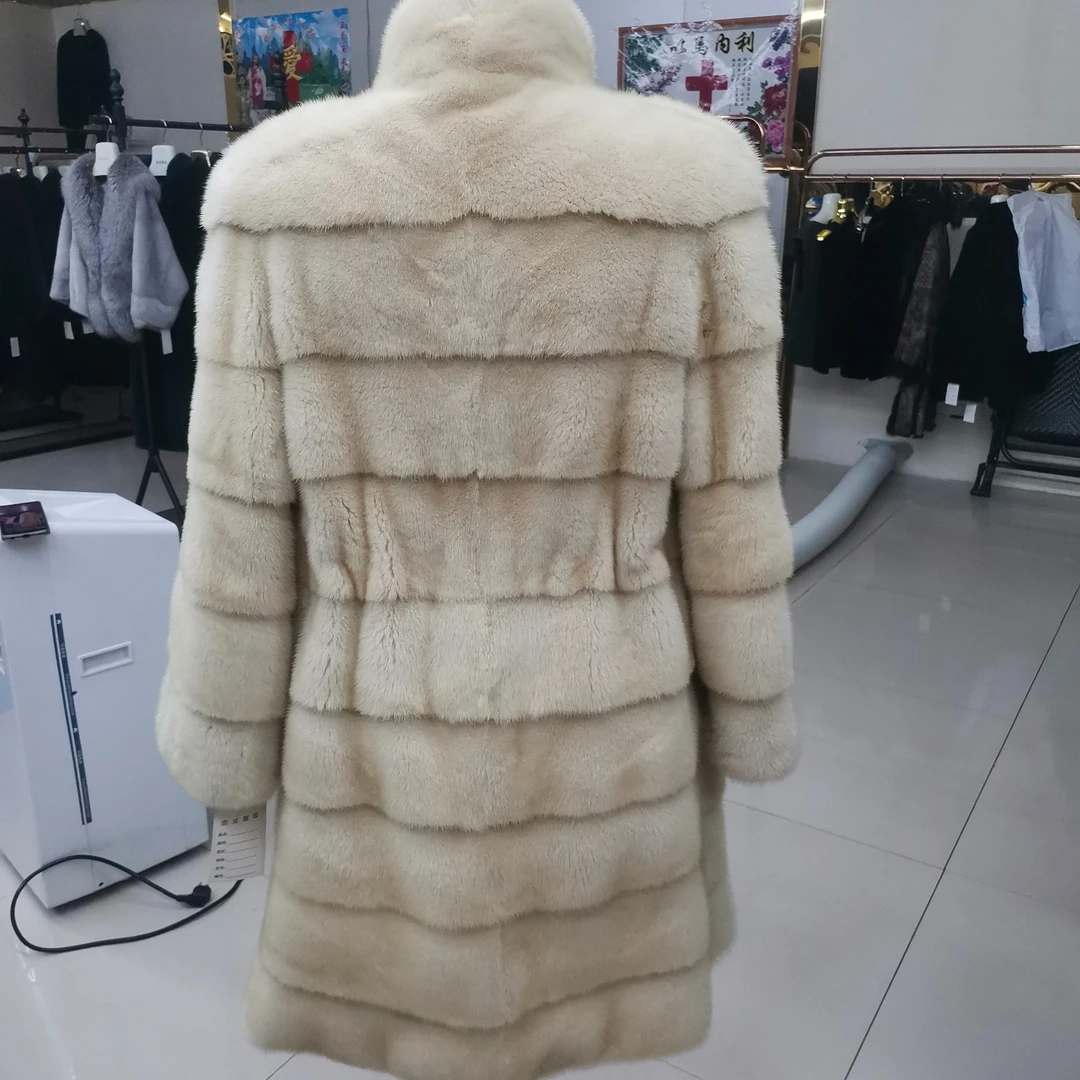 长款中长款女V领连帽均码米黄色