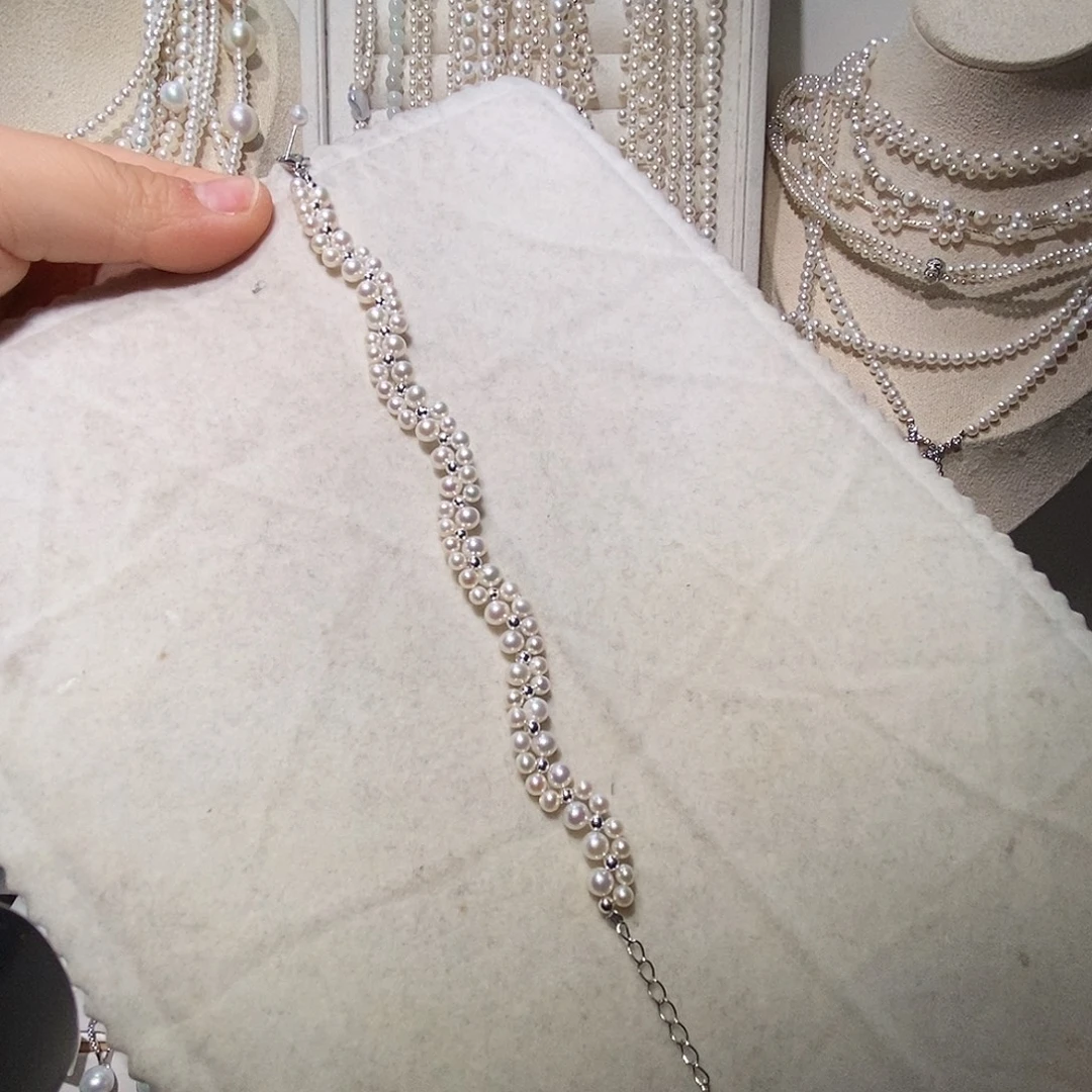 银S925镶嵌颈饰淡水珍珠编织设计手链