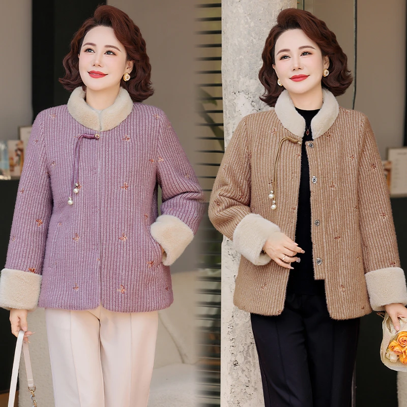 2025新款妈妈秋冬装加绒加厚仿水貂绒外套中老年女装冬季保暖棉衣