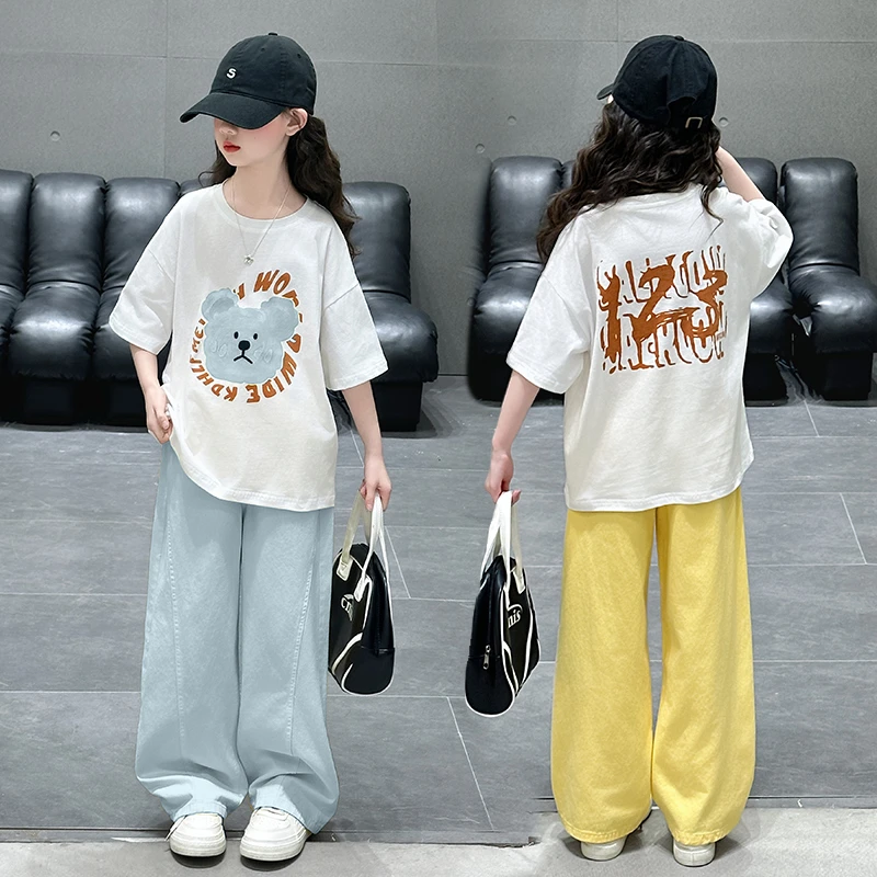 女童夏装短袖套装2025新款儿童洋气夏季中大童宽松休闲直筒裤套装