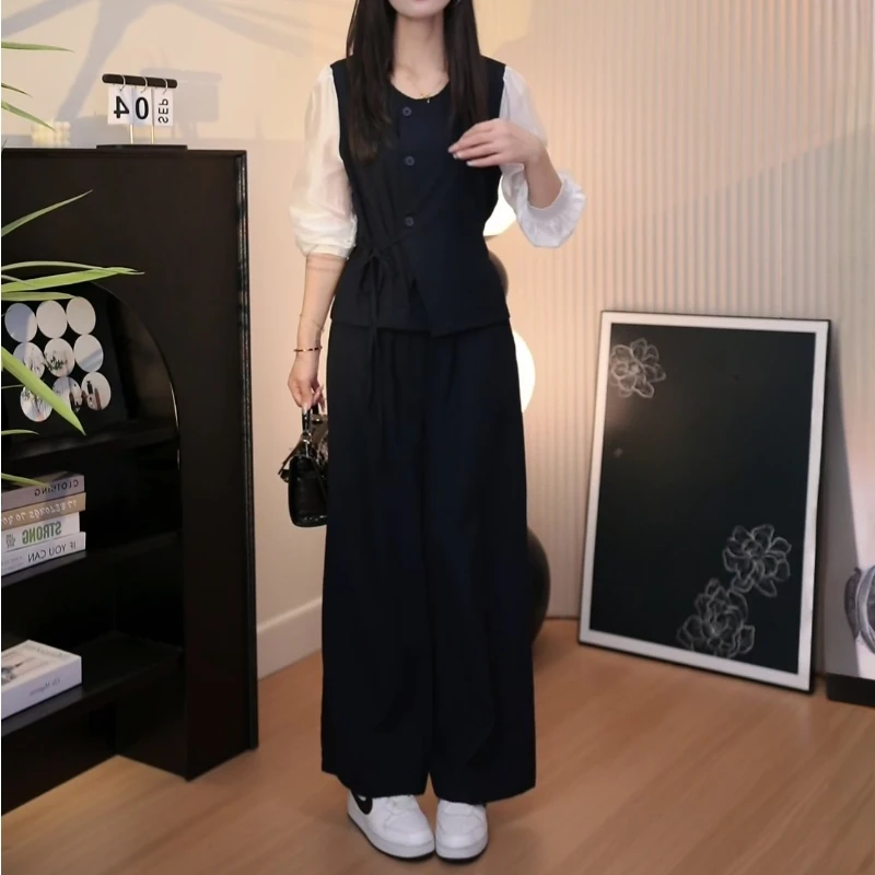 时尚休闲系带收腰拼接上衣套装女2025春秋款气质高腰阔腿裤两件套