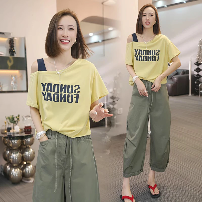 2025夏季新款韩版斜肩印花短袖T恤女宽松显瘦设计感字母上衣休闲