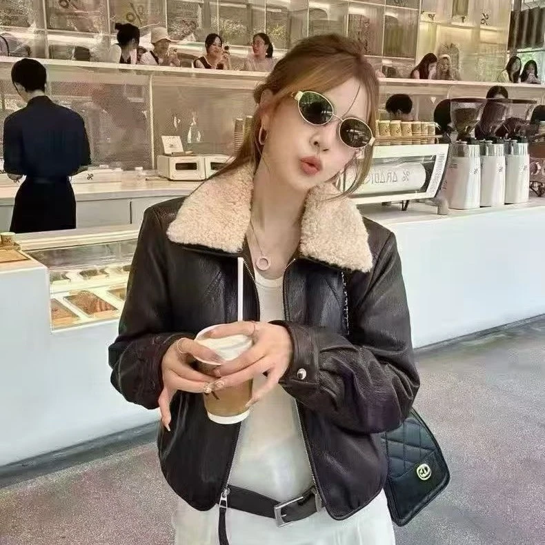 嘻哈风常规款常规宽松型拼接加绒厚款长袖皮衣冬季水洗