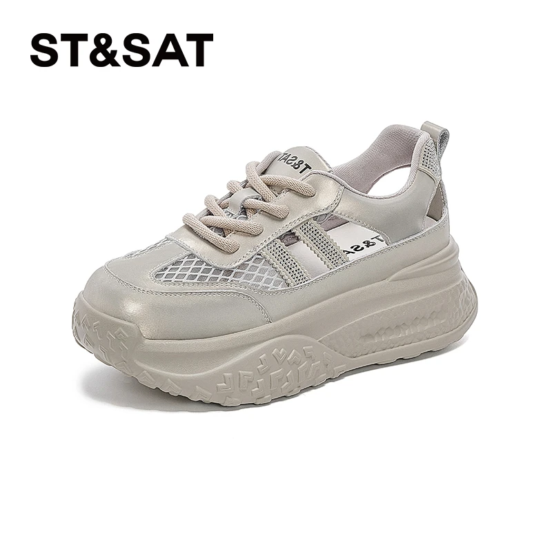 星期六厚底镂空小白鞋女款2025夏季新款透气舒适小个子增高休闲鞋