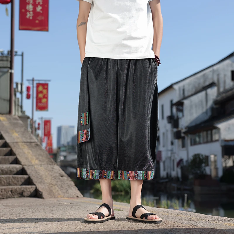 冰丝速干沙滩短裤男夏季薄款中国风印花七分裤大码宽松垂感阔腿裤