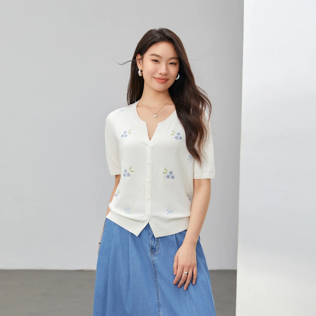 【海盐味的夏天】纤莉秀W大码女装清新绣花V领休闲显瘦针织衫QK1208