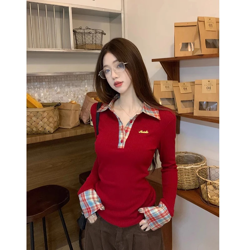 大码格子长袖针织衫女装秋季polo领打底衫胖MM遮肉显瘦上衣-6586