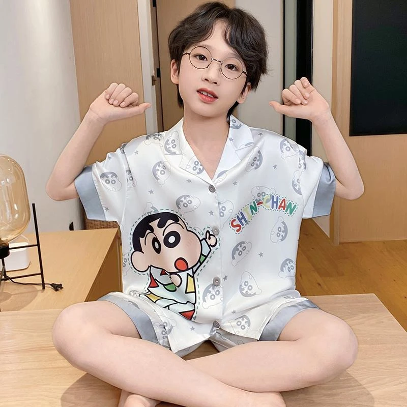 范哲萨儿童睡衣夏季冰丝2025新款男童短袖薄款中大童男孩蜡笔小新