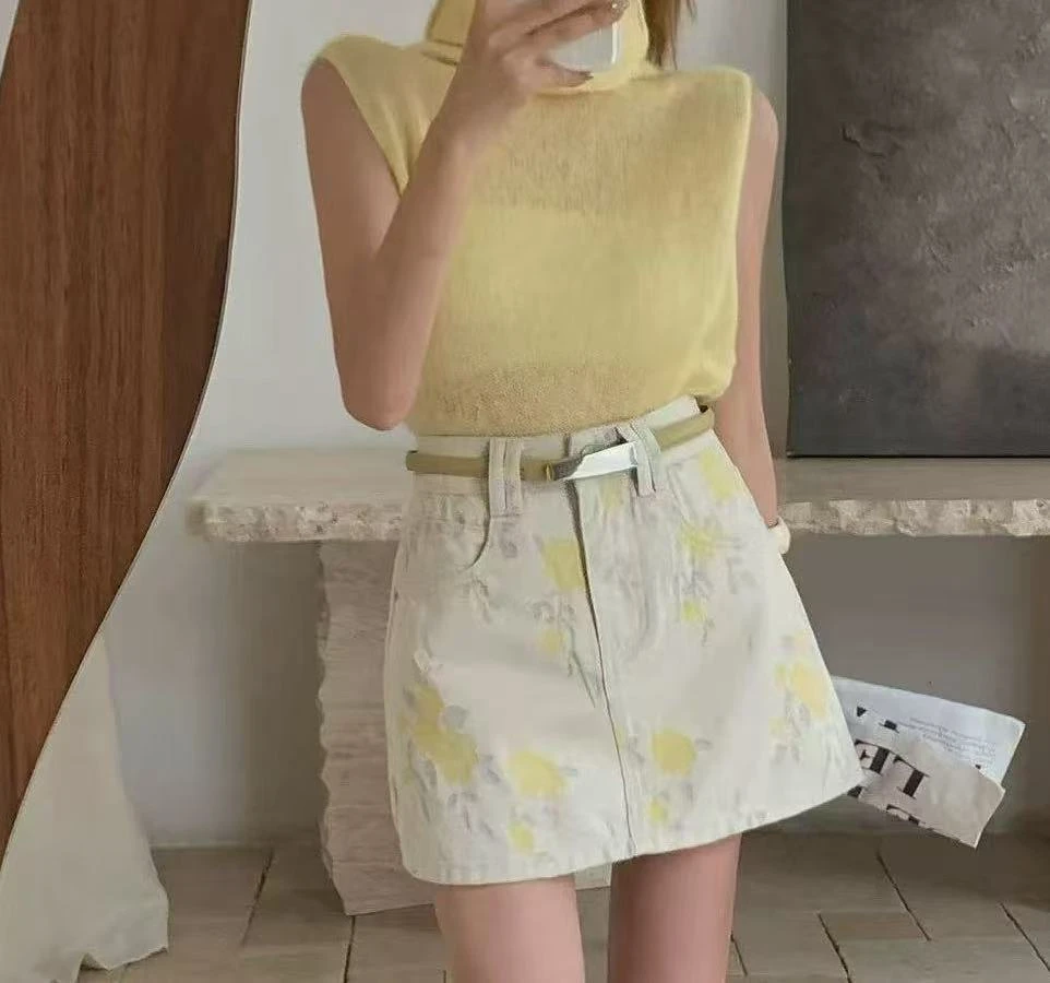 4768号5819#百搭复古印花显瘦牛仔半身裙带里衬裤