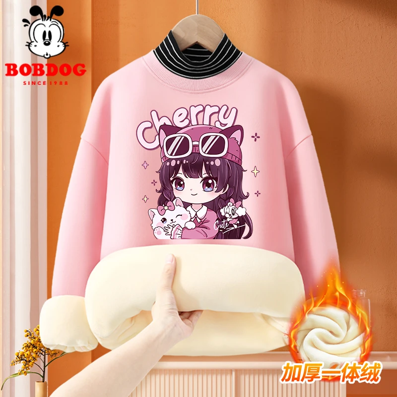 巴布豆女童加绒高领卫衣秋冬款中大童一体绒童装儿童女童加绒卫衣