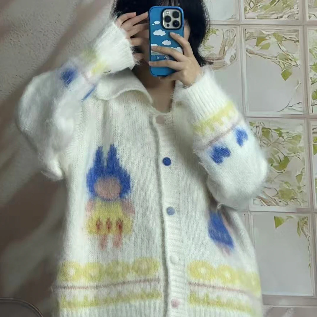 日系 娃娃提花女针织毛针织衫蓝色开衫网红毛衣